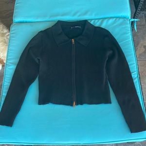 Zaful Ribbed Knit Crop Cardigan - zips from top and bottom - deep black - NWOT